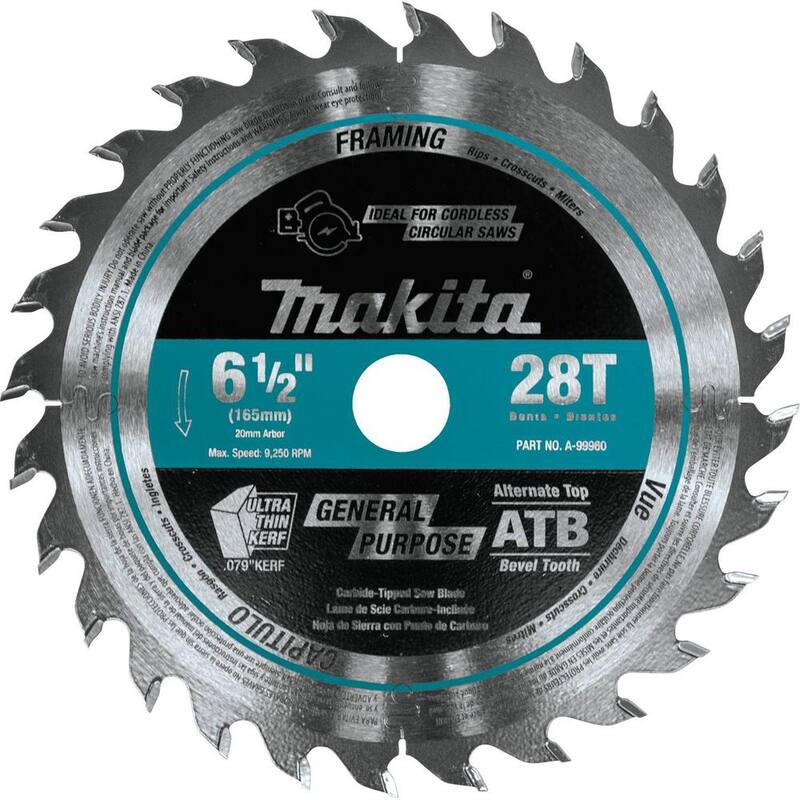 Hoja de sierra para makita de 6-1/2 in. con 28 dientes de carburo para madera y sumergible, número de parte A-99960