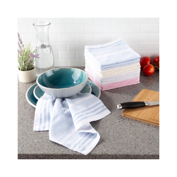 Hastings Home Set of 16 Kitchen Dish Cloth, 12.5x12.5", 100-percent Absorbent Cotton, Farmhouse Stripes , 4 Colors - 649607AJC