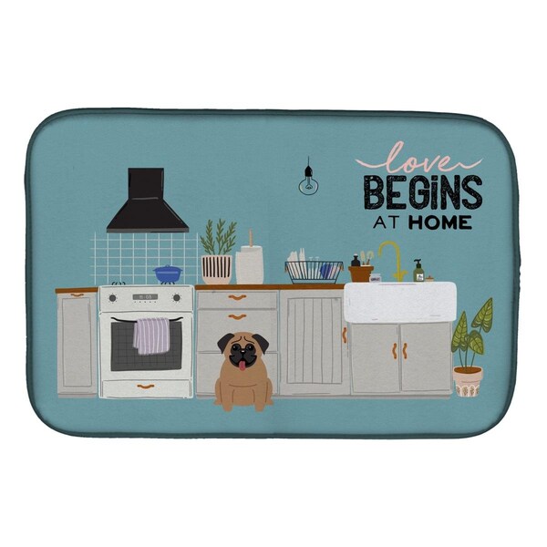 Carolines Treasures 14 x 21 in. Brown Pug Kitchen Scene Dish Drying Mat - CK7709DDM