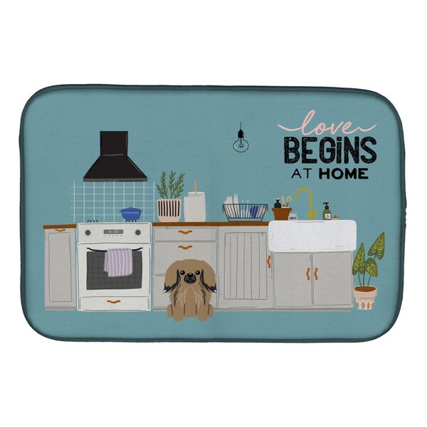 Carolines Treasures 14 x 21 in. Tan Pekingese Kitchen Scene Dish Drying Mat - CK7806DDM
