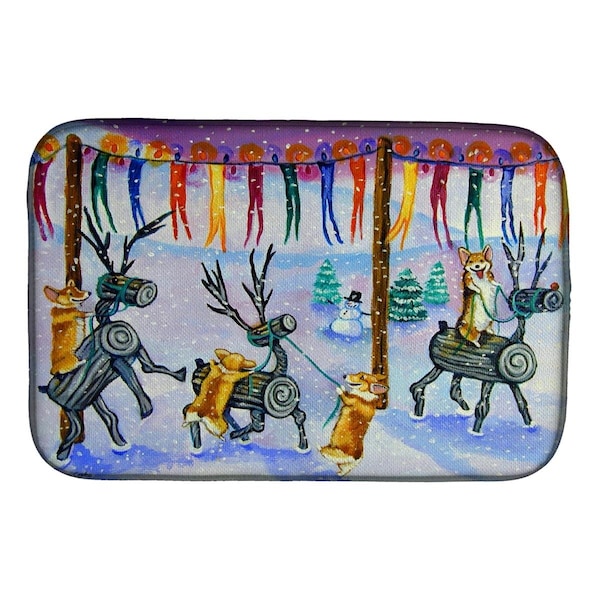Carolines Treasures Corgi Log Reindeer Race Christmas Dish Drying Mat - 7443DDM