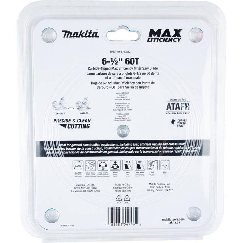 Cuchilla para sierra ingletadora Makita de 6-1/2 pulgadas y 60 dientes de carburo de punta máxima eficiencia - B-69842