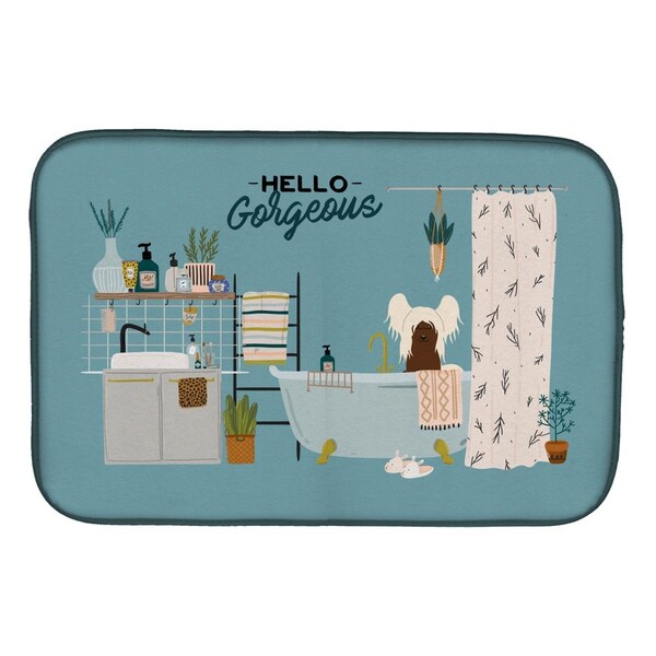 Carolines Treasures 14 x 21 in. Cream Chinese Crested in Bathtub Dish Drying Mat - CK7535DDM