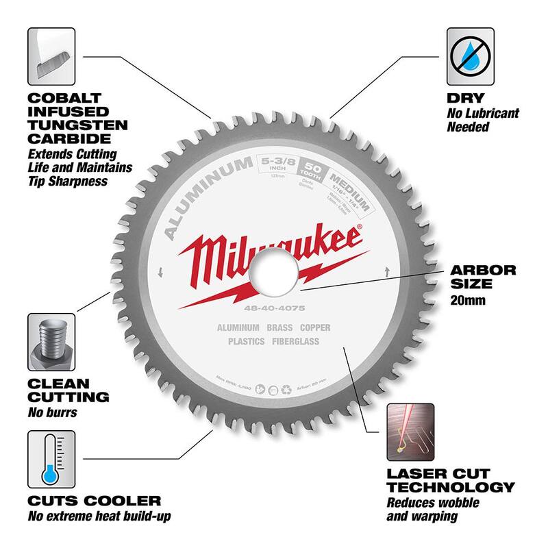 Milwaukee 5-3/8 pulgadas x 50 dientes de carburo hoja de sierra circular para corte de aluminio (paquete de 2) - 48-40-4075-48-40-4075