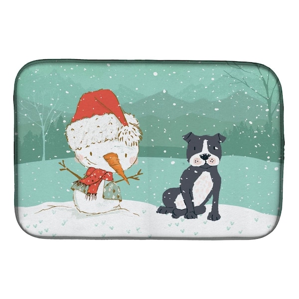 Carolines Treasures Black Staffie Snowman Christmas Dish Drying Mat - CK2075DDM