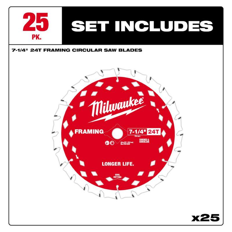 Milwaukee 7-1/4 pulgadas x 24 dientes de carburo de tungsteno Hoja de sierra circular para enmarcar (paquete de 25) - 48-40-1720