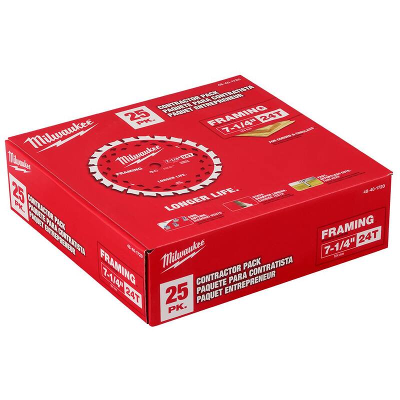 Milwaukee 7-1/4 pulgadas x 24 dientes de carburo de tungsteno Hoja de sierra circular para enmarcar (paquete de 25) - 48-40-1720