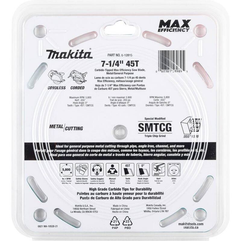 Makita 7-1/4 pulgadas 45 dientes de carburo de tungsteno Sierra de máxima eficiencia, para metal/uso general - E-12815