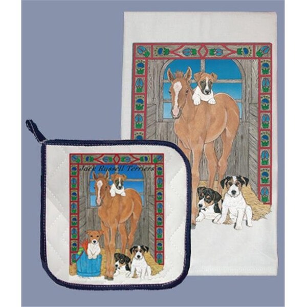 Pipsqueak Productions Pipsqueak Productions DP861 Dish Towel and Pot Holder Set - Jack Russell Terrier & Horse - DP861