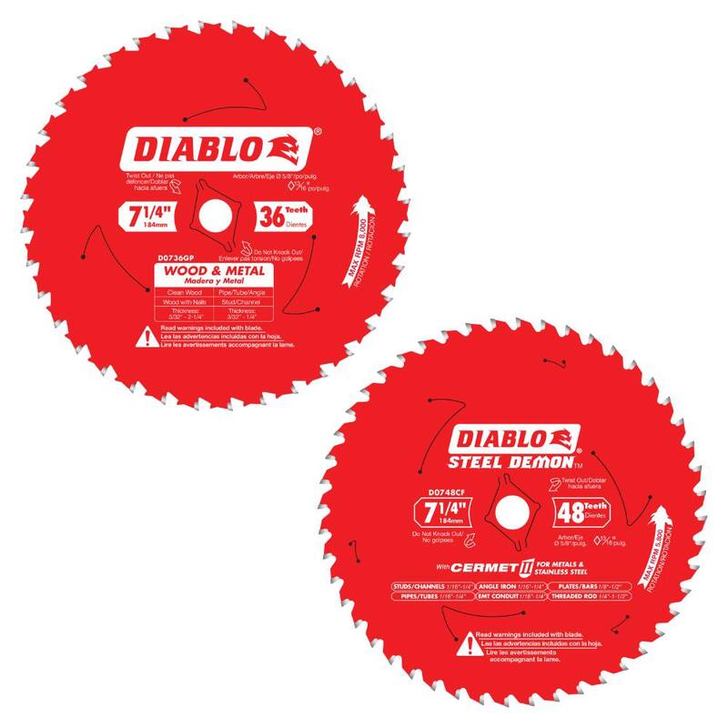 DIABLO 7-1/4 pulgadas x 36 dientes para madera y metal y 7-1/4 pulgadas x 48 dientes para cermet II metales y acero inoxidable (2 hojas) - D0736GP0748CF2G