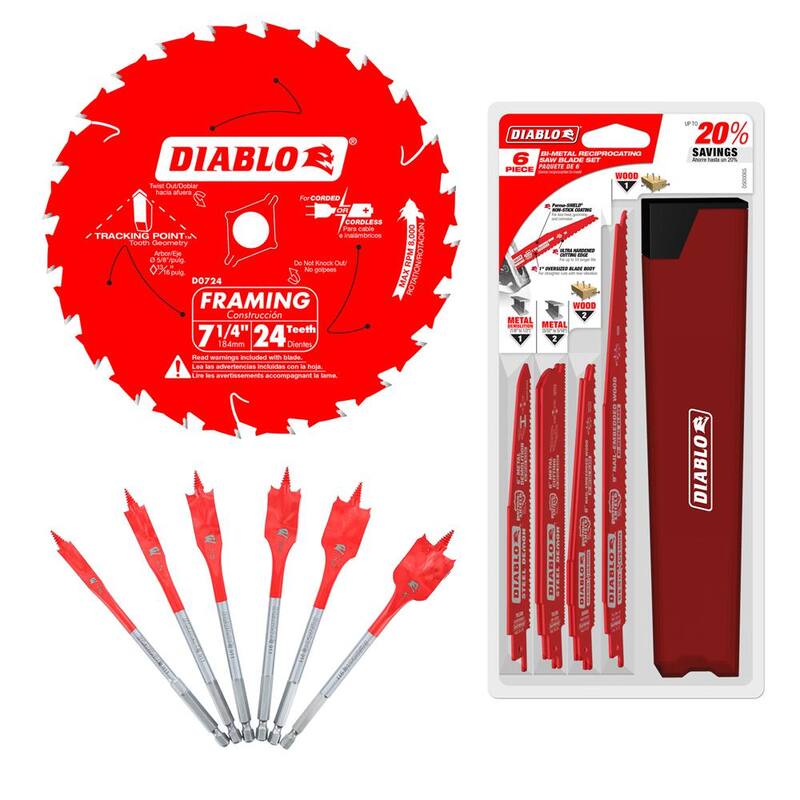 DIABLO 7-1/4 in. x 24 dientes Hoja de enmarcado 6 piezas Juego de sierra recíproca para corte/demolición de madera y metal y 6 piezas Juego de brocas planas (13 piezas) - D724R6SS6P13GS