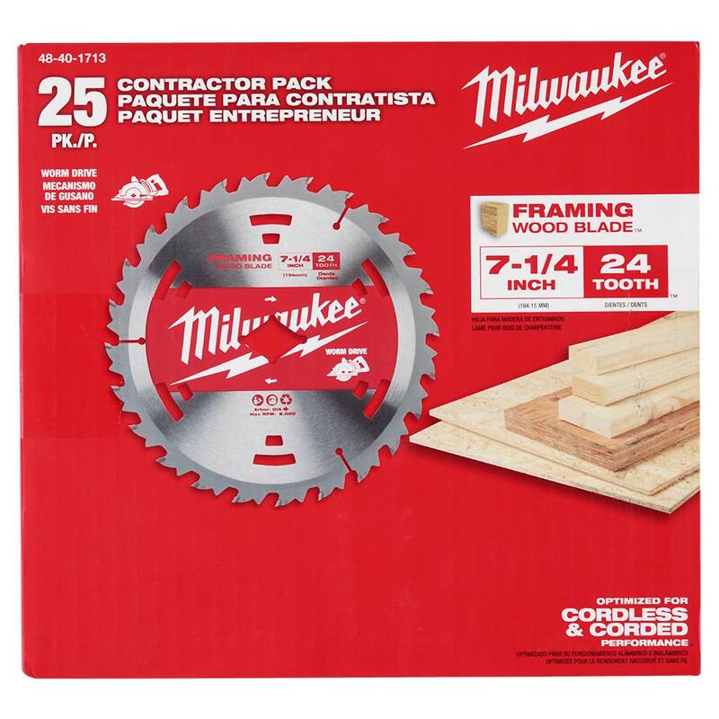 Milwaukee 7-1/4 pulg. 24 Dientes de Carburo de Tungsteno para Cortar Madera con Sierra Circular para Marcos (Paquete de 25) - 48-40-1713