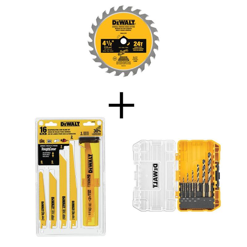 Cuchilla para sierra circular de 4-1/2 pulgadas y 24 dientes DEWALT Atomic con juego de cuchillas para sierra reciproca (16 piezas) y juego de brocas negras y doradas (10 piezas) - DW412W48991180