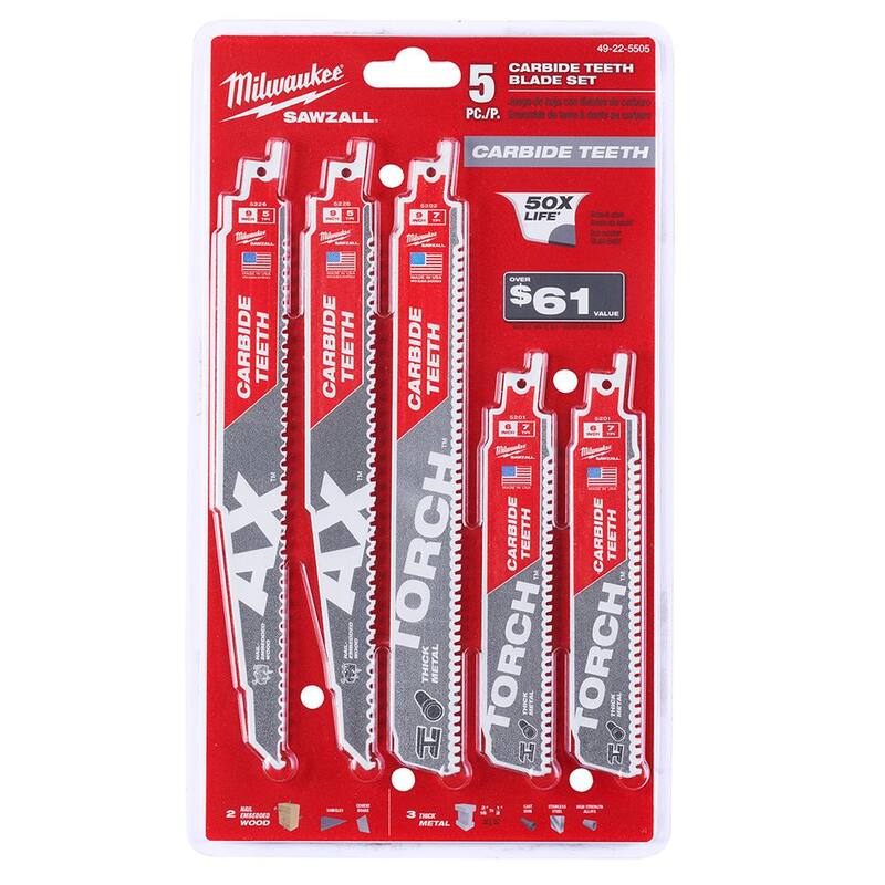 Juego de hojas de sierra reciproca Milwaukee SAWZALL de carburo para demolición de madera y metal (juego de 5 piezas) - 49-22-5505