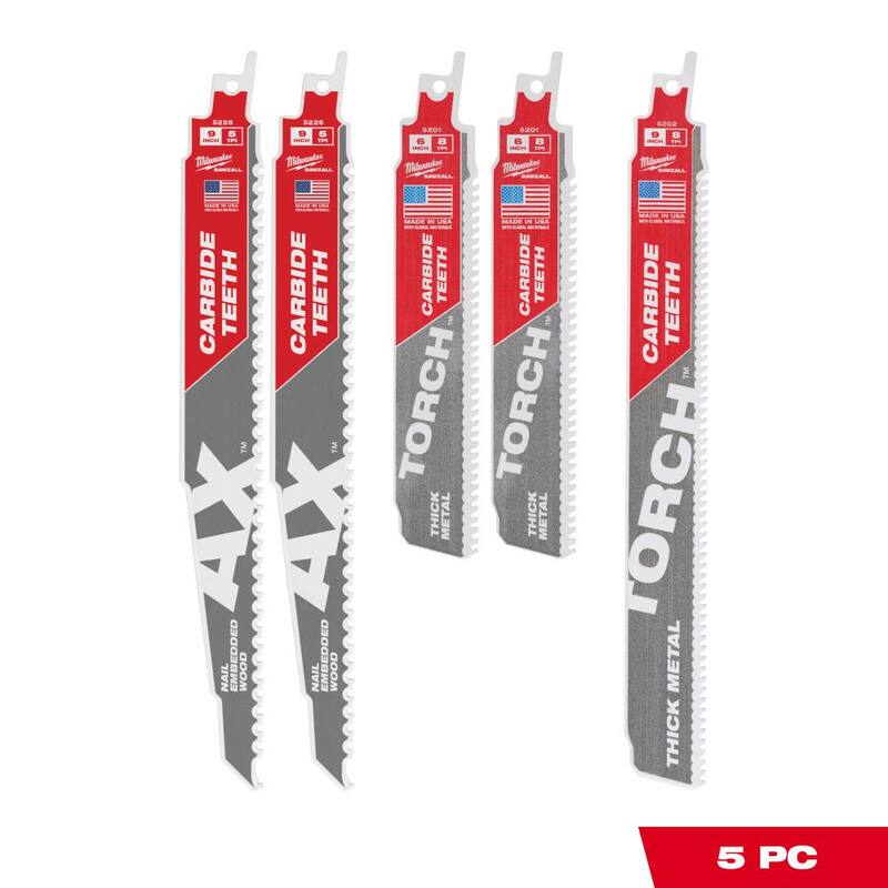 Juego de hojas de sierra reciproca Milwaukee SAWZALL de carburo para demolición de madera y metal (juego de 5 piezas) - 49-22-5505