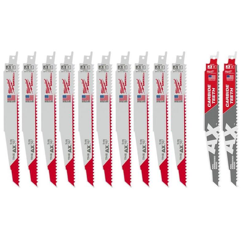 Hoja de sierra reciproca para madera incrustada con clavos Milwaukee 9 in. 5 TPI AX BiMetal con insertos de carburo 9 in. (paquete de 12) - 48-00-5026T-48-00-5026T.