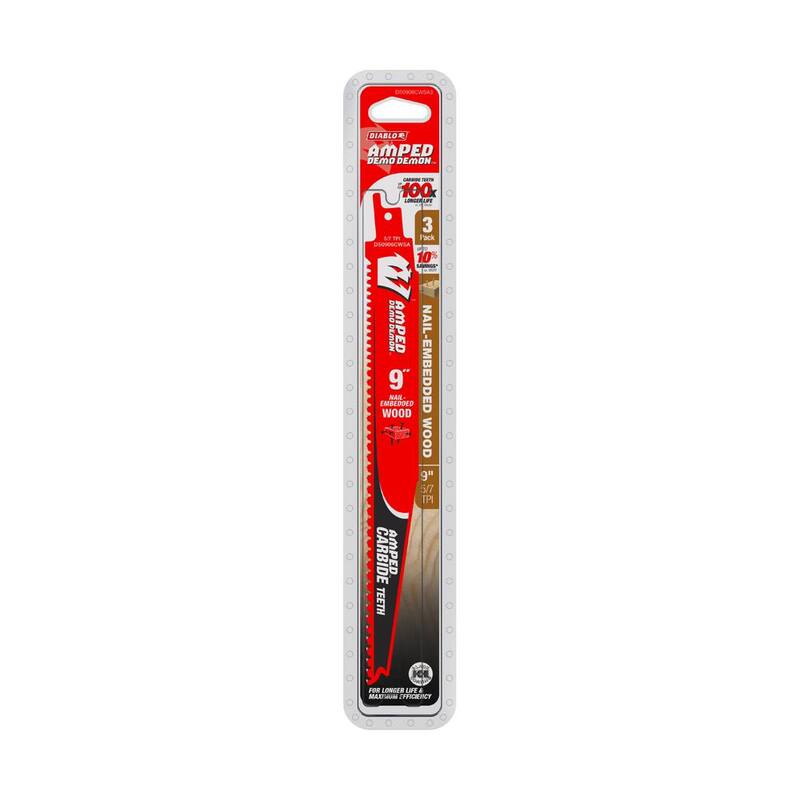 DIABLO AMPED Demo Demon 9 pulgadas 5/7 TPI hoja de sierra recíproca de carburo para madera con clavos incrustados (paquete de 3) - DS0906CWSA3