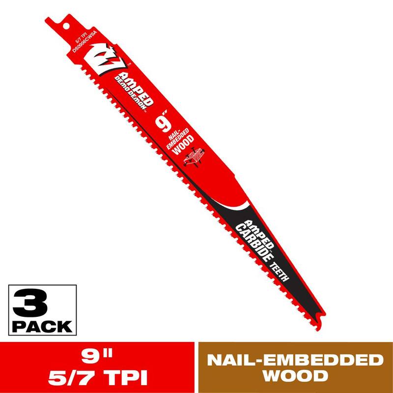 DIABLO AMPED Demo Demon 9 pulgadas 5/7 TPI hoja de sierra recíproca de carburo para madera con clavos incrustados (paquete de 3) - DS0906CWSA3
