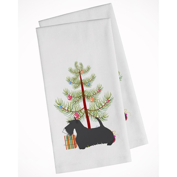 Carolines Treasures Scottish Terrier Merry Christmas Tree White Kitchen Towel, 2PK - BB2987WTKT