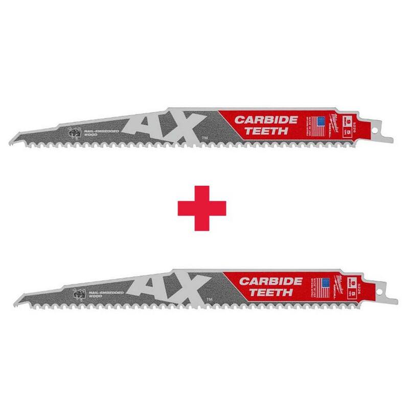 Hoja de sierra reciproca para SAWZALL de corte de madera incrustada con clavos de demostración de dientes de carburo AX de Milwaukee de 9 pulgadas y 5 TPI (paquete de 2) - 48-00-5226-48-00-5226