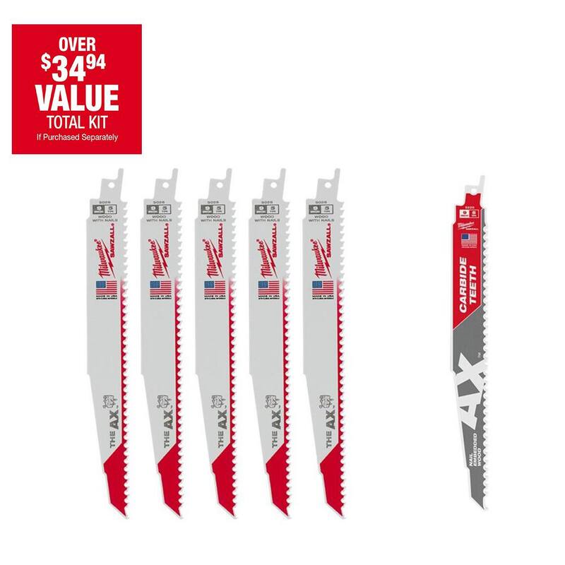 Milwaukee 9 pulgadas 5 dientes por pulgada cuchillas de sierra recíproca bimetálicas para cortar madera con clavos incrustados con hoja de carburo de 9 pulgadas (paquete de 6) - 48-00-5026T