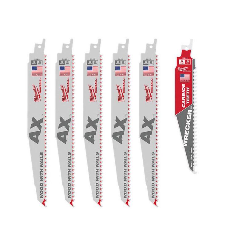 Milwaukee 9 in. 5 TPI AX Hojas de corte de madera con clavos incrustados y 6 in. 6 TPI Hoja de corte de múltiples materiales con carburo WRECKER SAWZALL (paquete de 6) - 48-00-5026S-48-00-5241