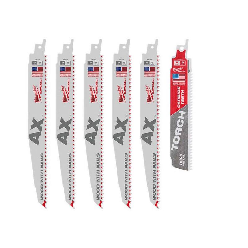 Milwaukee 9 pulgadas, 5 TPI AX Hojas de corte de madera incrustada con clavos y 6 pulgadas, 8 TPI Hoja de sierra de recíproco SAWZALL de corte de metal de carburo (paquete de 6) - 48-00-5026S-48-00-5201.