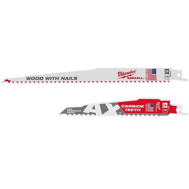 Cuchillas de corte de madera de Milwaukee de 9 pulgadas y 5 TPI de paso fino y cuchilla SAWZALL de 6 pulgadas y 5 TPI AX Carbide Demo Nail-Embedded Wood Cut (paquete de 6) - 48-00-5036-48-00-5221