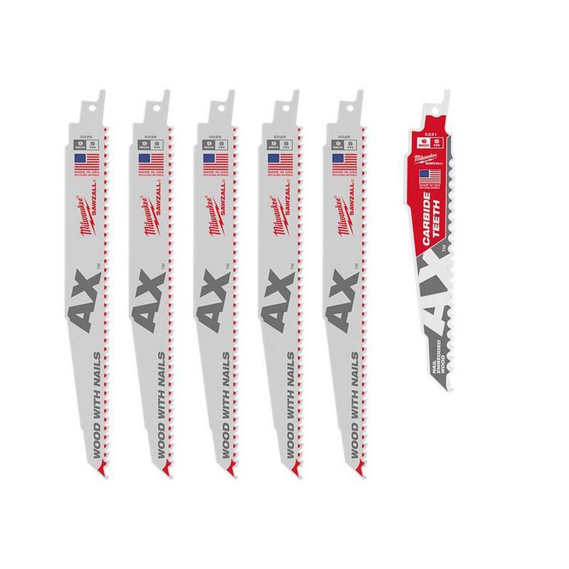 Milwaukee 9 pulgadas 5 TPI AX hojas de corte de madera incrustadas con clavos y hoja SAWZALL de corte de madera con clavos de carburo AX de 6 pulgadas 5 TPI Demo (paquete de 6) - 48-00-5026S-48-00-5221