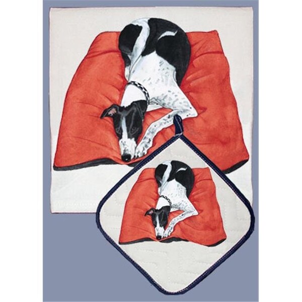 Pipsqueak Productions Pipsqueak Productions DP957 Dish Towel and Pot Holder Set - Greyhound Bl/Wh - DP957