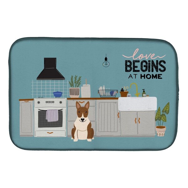 Carolines Treasures 14 x 21 in. Brindle Bull Terrier Kitchen Scene Dish Drying Mat - CK7841DDM