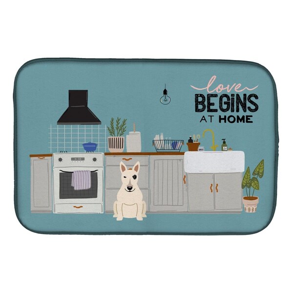 Carolines Treasures 14 x 21 in. White Bull Terrier Kitchen Scene Dish Drying Mat - CK7842DDM