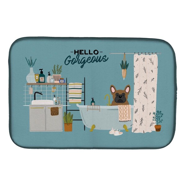 Carolines Treasures 14 x 21 in. Brown French Bulldog in Bathtub Dish Drying Mat - CK7435DDM