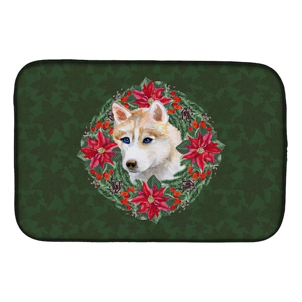 Carolines Treasures Siberian Husky Poinsetta Wreath Dish Drying Mat - CK1521DDM
