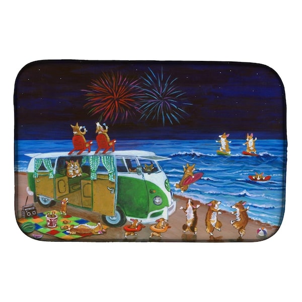 Carolines Treasures Corgi Beach Party Volkswagon Bus Fireworks Dish Drying Mat - 7317DDM