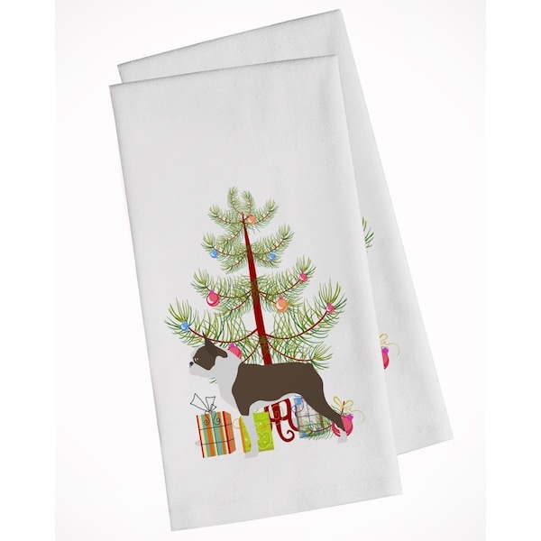 Carolines Treasures Boston Terrier Merry Christmas Tree White Kitchen Towel, 2PK - BB2962WTKT