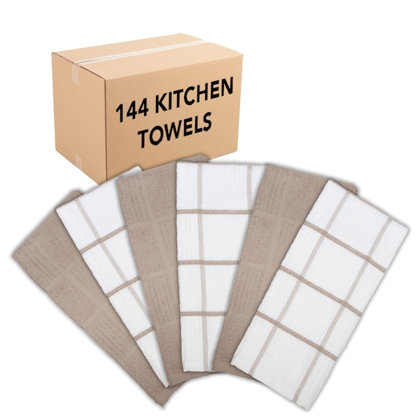 Monarch Brands Premier Kitchen Towels, Windowpane Pattern , Tan, 144PK - SC-KT6-WITAN-CS