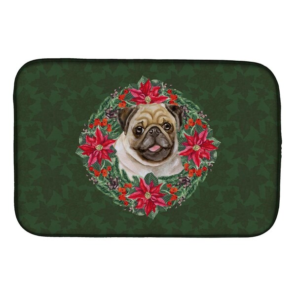 Carolines Treasures Fawn Pug Poinsetta Wreath Dish Drying Mat - CK1584DDM