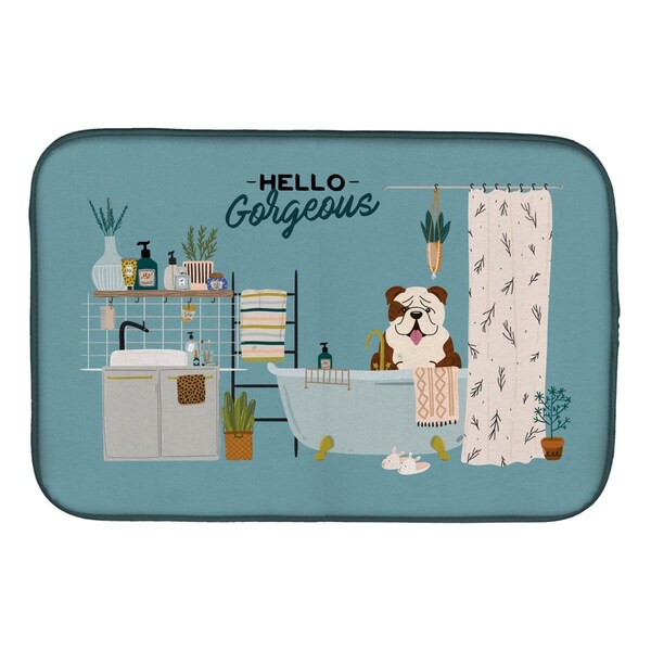 Carolines Treasures 14 x 21 in. Brindle White English Bulldog in Bathtub Dish Drying Mat - CK7543DDM