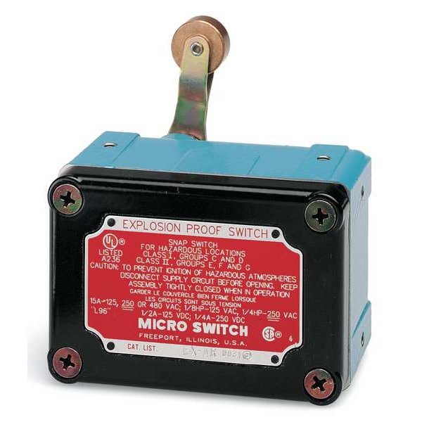 Interruptor de límite a prueba de explosiones Honeywell, palanca de rodillo, rotativo, 1NC/1NO, 15A @ 600V CA, Ubicación del actuador: Superior - EX-AR30
