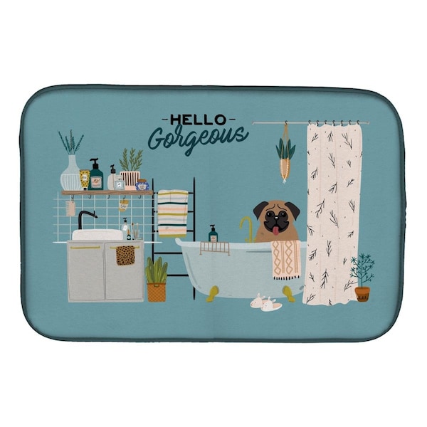 Carolines Treasures 14 x 21 in. Brown Pug in Bathtub Dish Drying Mat - CK7427DDM