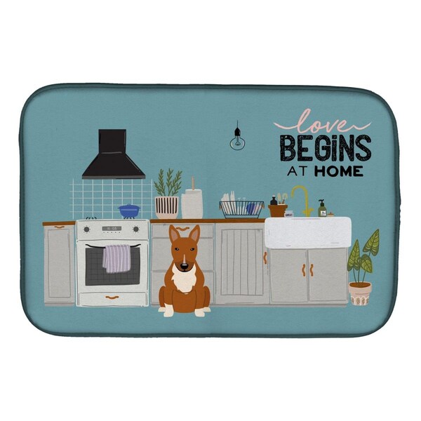 Carolines Treasures 14 x 21 in. Red Bull Terrier Kitchen Scene Dish Drying Mat - CK7838DDM