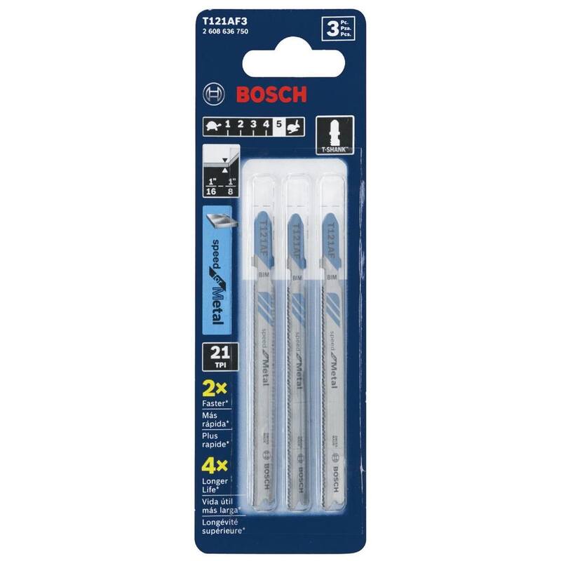 Juego de hojas de sierra de calar Bi-Metal T-Shank de 21 dientes de Bosch para cortar láminas de metal de calibre 10-16 y metales delgados (paquete de 3) - T121AF3