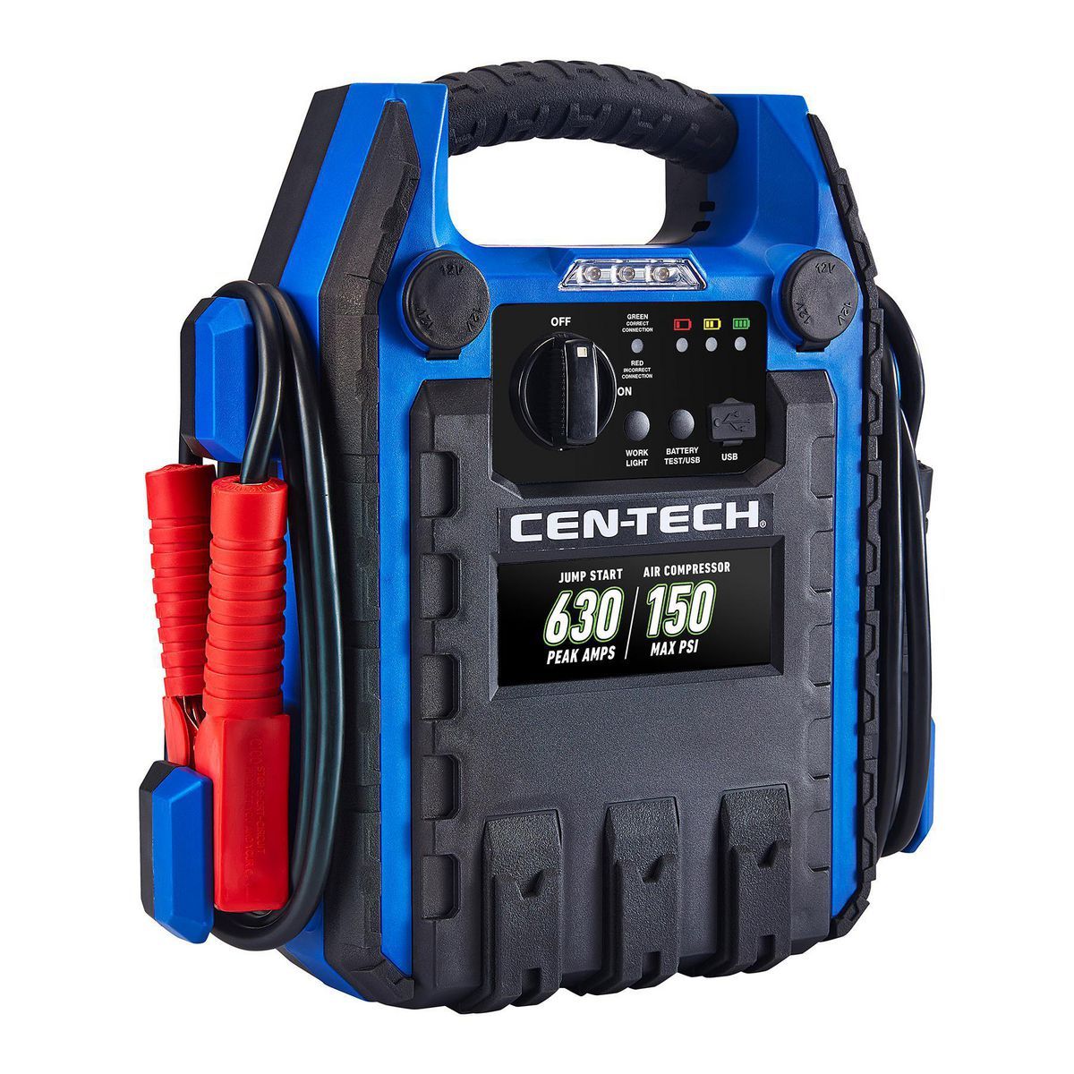 Arrancador de batería portátil para automóvil Cen-Tech de 630 amperios pico y paquete de energía con compresor de aire de 150 PSI - 58978