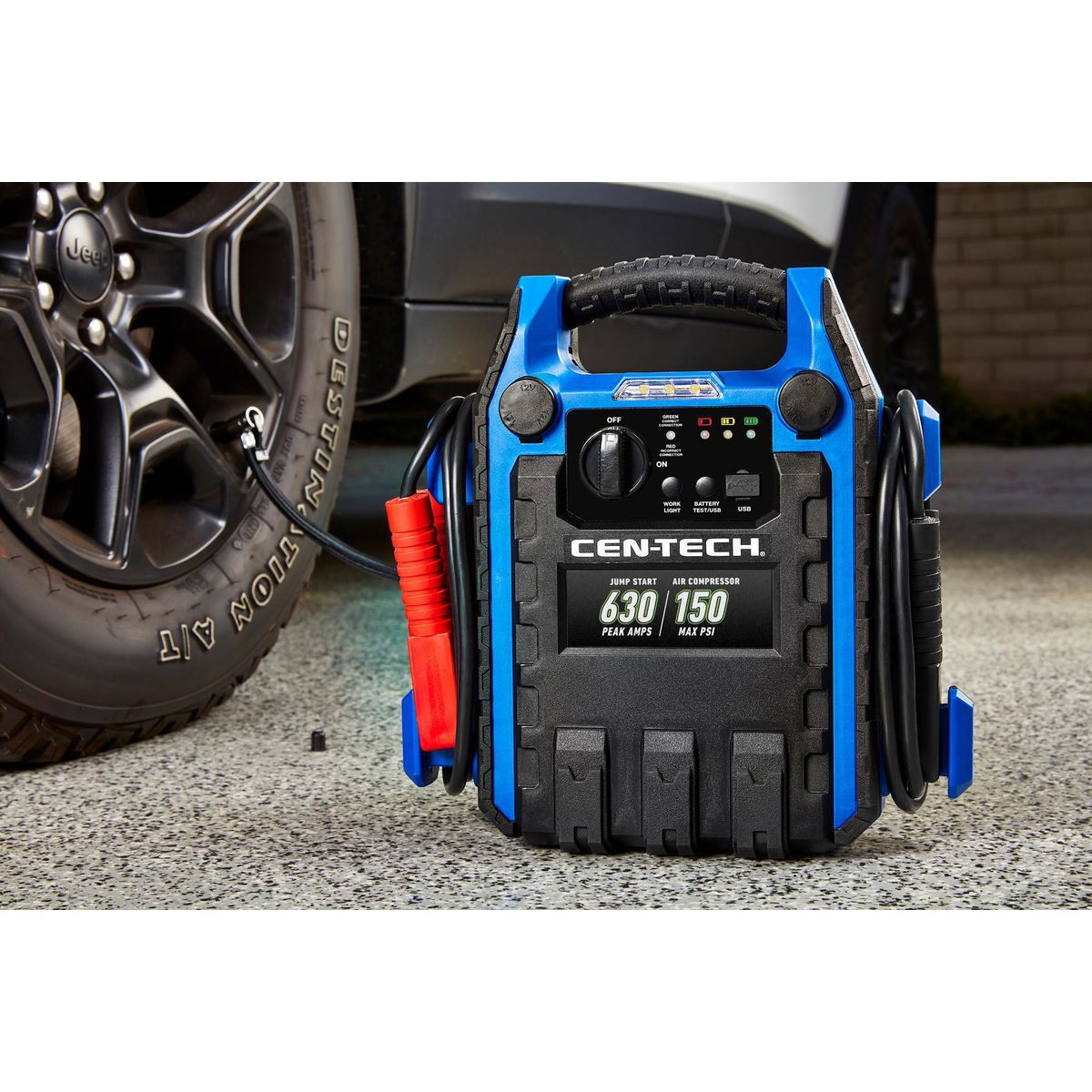 Arrancador de batería portátil para automóvil Cen-Tech de 630 amperios pico y paquete de energía con compresor de aire de 150 PSI - 58978