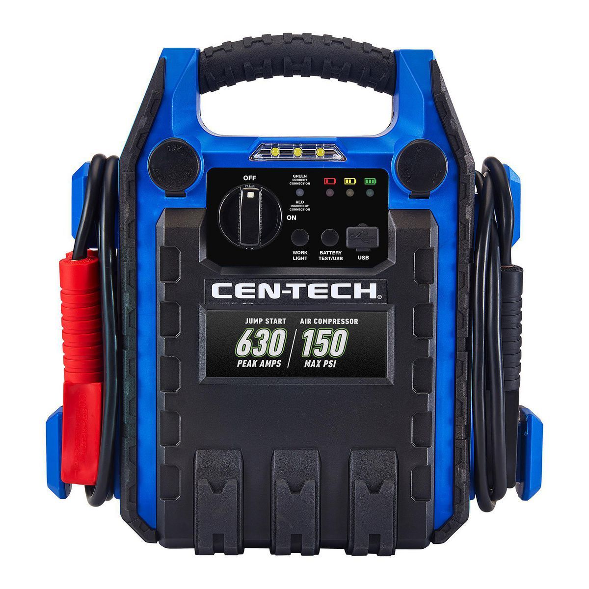 Arrancador de batería portátil para automóvil Cen-Tech de 630 amperios pico y paquete de energía con compresor de aire de 150 PSI - 58978