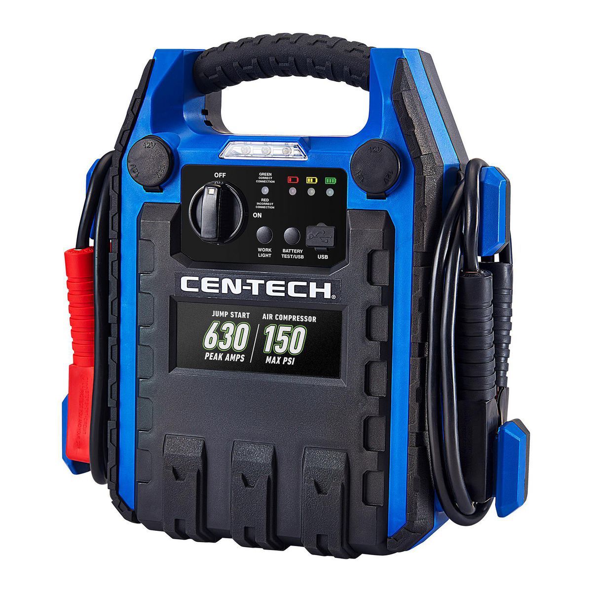 Arrancador de batería portátil para automóvil Cen-Tech de 630 amperios pico y paquete de energía con compresor de aire de 150 PSI - 58978