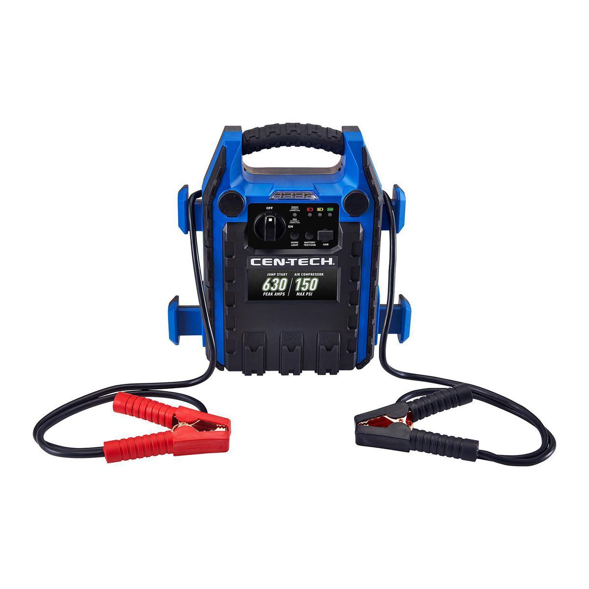 Arrancador de batería portátil para automóvil Cen-Tech de 630 amperios pico y paquete de energía con compresor de aire de 150 PSI - 58978