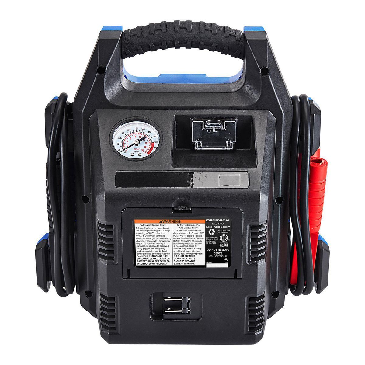 Arrancador de batería portátil para automóvil Cen-Tech de 630 amperios pico y paquete de energía con compresor de aire de 150 PSI - 58978