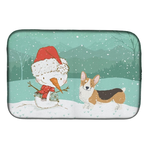 Carolines Treasures Tricolor Pembroke Corgi Snowman Christmas Dish Drying Mat - CK2061DDM